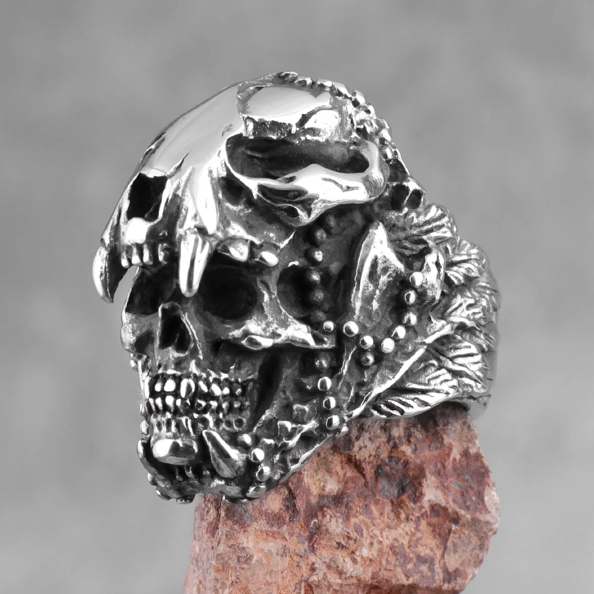 Jaguar Warrior Skull Stainless Steel Men Rings Skeleton Gothic Punk Vintage for Male Boyfriend Jewelry Creativity Gift Wholesale