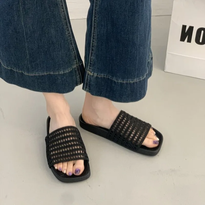 Knitted Hollow Thick Soled Cool Slippers Women 2026 Summer New Solid , Breathable and Comfortable One Line Cool Slippers Women