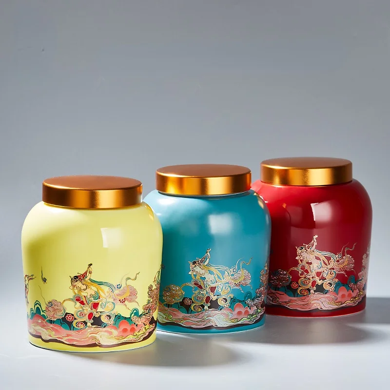 Exquisite Colorful Dancing Girl Ceramic Jar Gold-plated Tea Tin Sealed Box Household Large-capacity Candy Food Container New