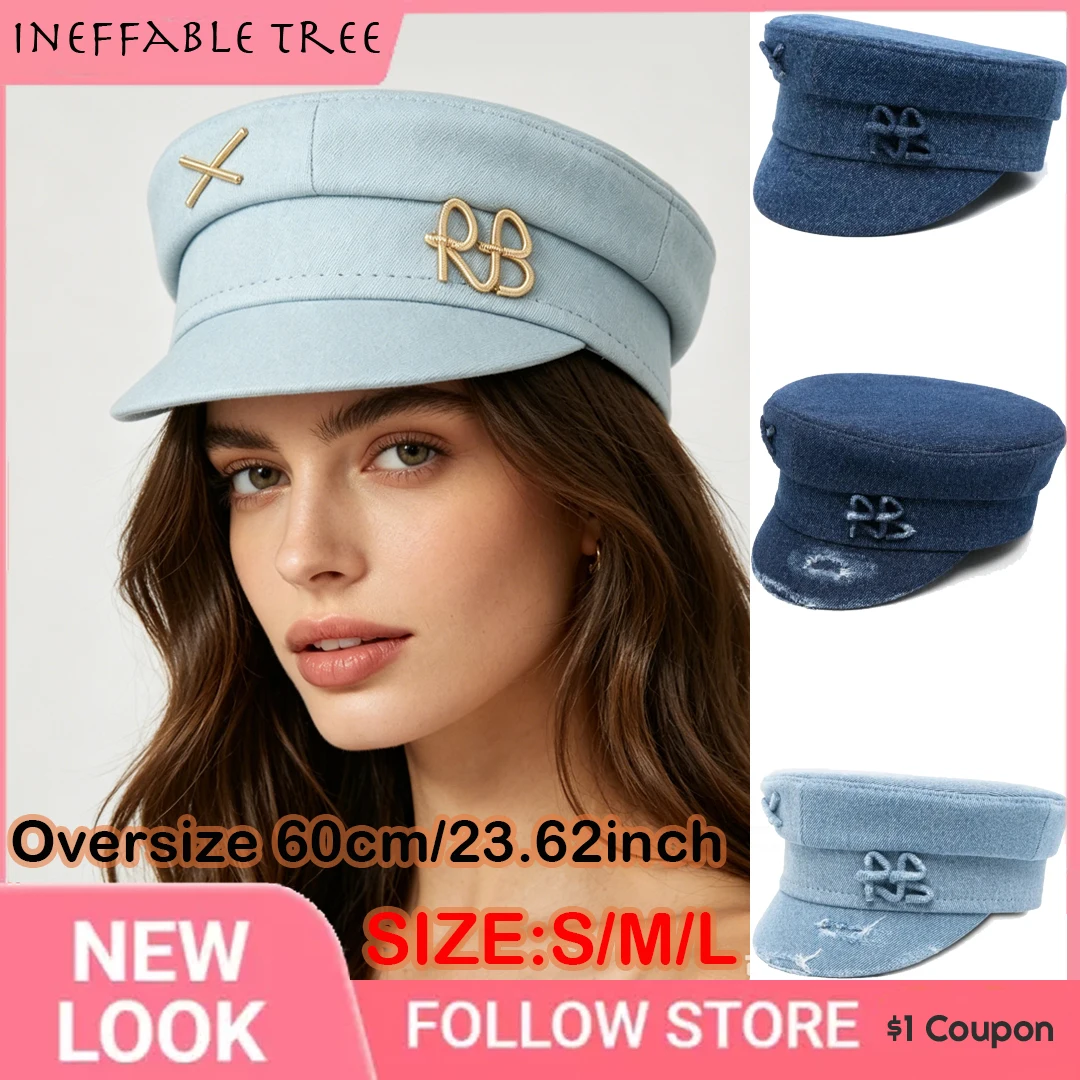 

S/M/L British Summer Blue Letter Decoration Military Hats for Women Retro Newsboy Cap Broken Hole Pure Cotton Berets Boina Mujer