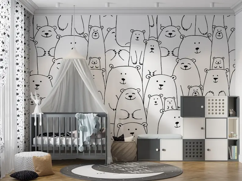 Customizable Black and White Abstract Line Wallpaper, Cute Bear Kids Wallpaper, Black White Baby Room Wall Decor, Modern Nursery