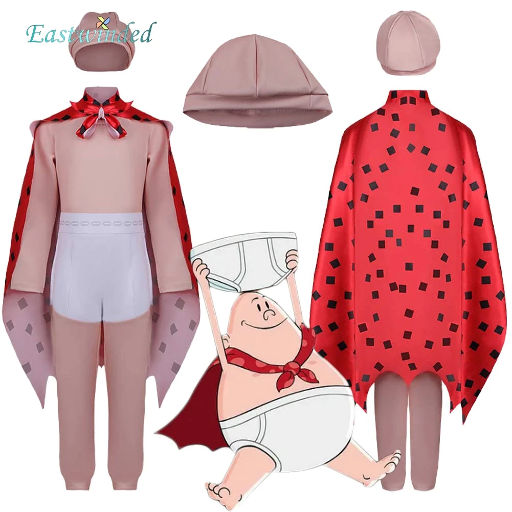 

Kids Cartoon Captain Underpants Benny Krupp Cosplay Red Cloak White Short Costume Hat Outfits Halloween Roleplay Carnival Party