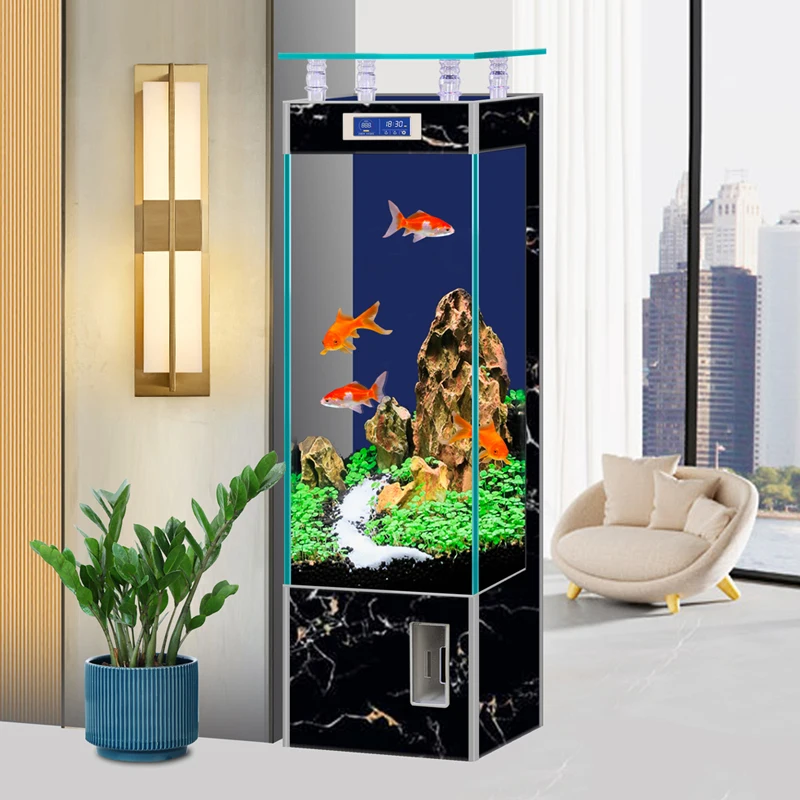 Internet celebrity square vertical fish tank living room home floor against the wall ecological goldfish   filter water box