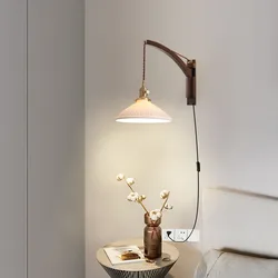 Nordic solid wood fishing wall light Master bedroom bedside light Creative walnut color living room aisle light Japanese wall li