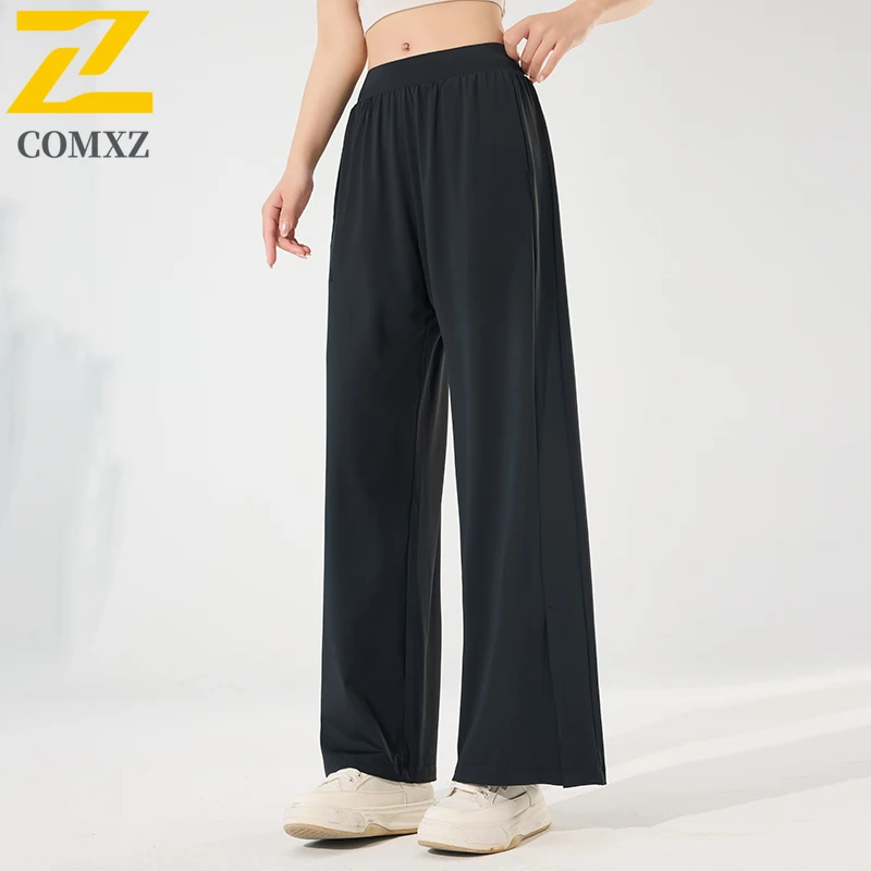 

Leisure Sports Wide Leg Pants Women's Summer Brand Solid Color Elastic Waist Loose Ice Silk Pants Gym Training Running Trousers