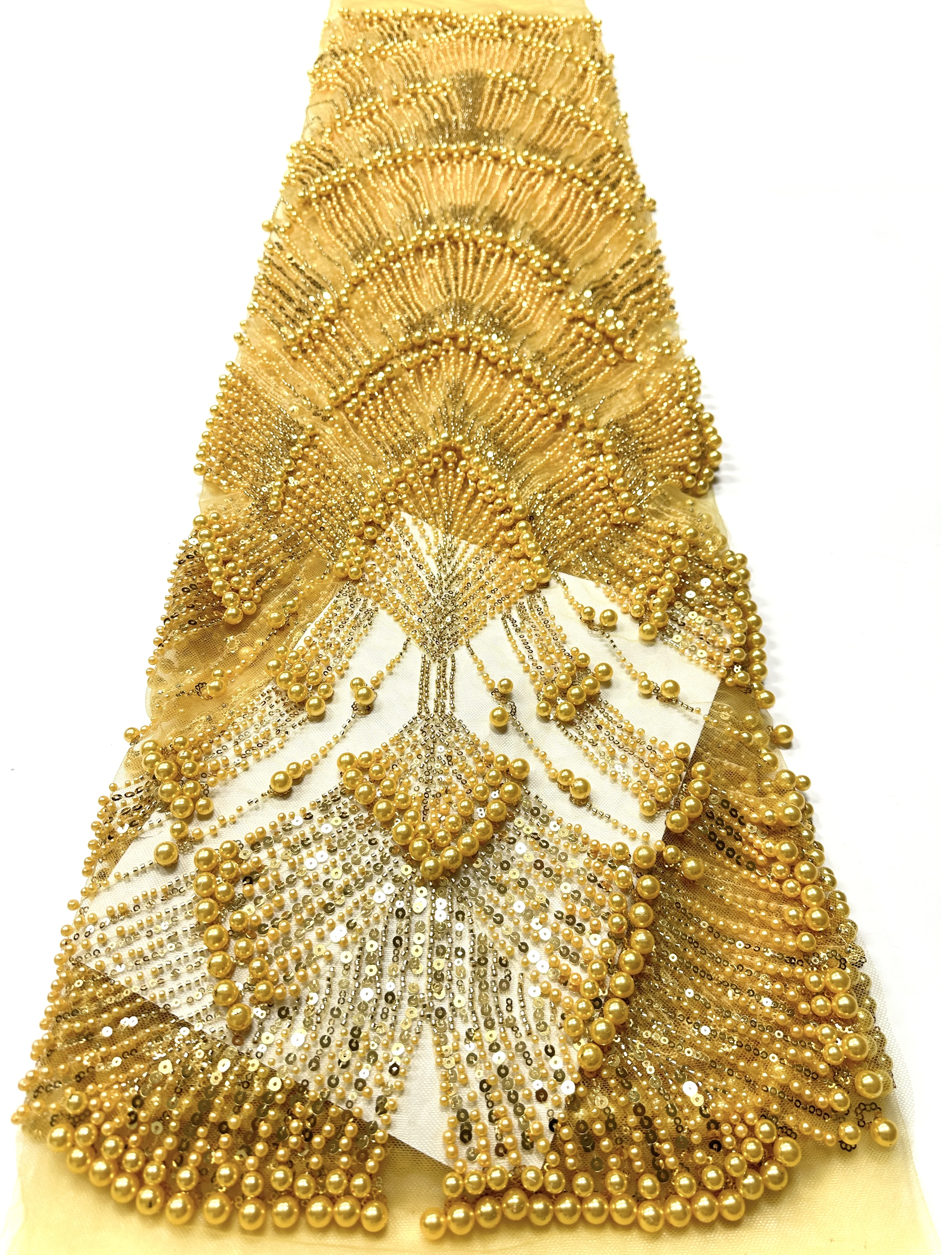 

Роскошная африканская ткань кружева 5 ярдов с вышивкой высокого качества 2026 золота с тяжелыми блестками французская кружевная ткань с бисером для шитья