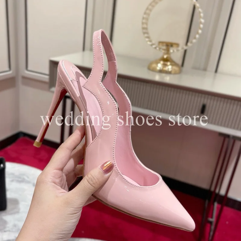 Pointy Baotou Pink Heels Fashion Patent Leather Wavy Shoelaces High Heels Sexy Women Summer Wedding Party Sandals Bag Shoes 10cm