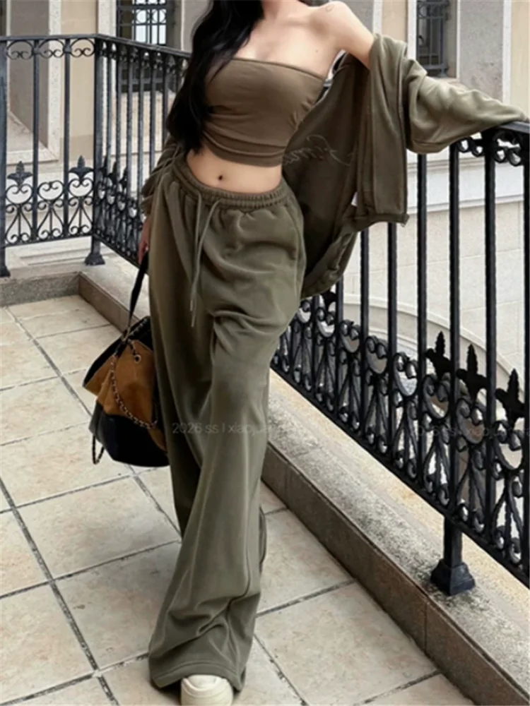 New Fall Women Casual 3 Pieces Tracksuits Little Vest Tube Top&Loose Hoodies&Wide Leg Long Pants Suits Green Navy 3pc Outfits