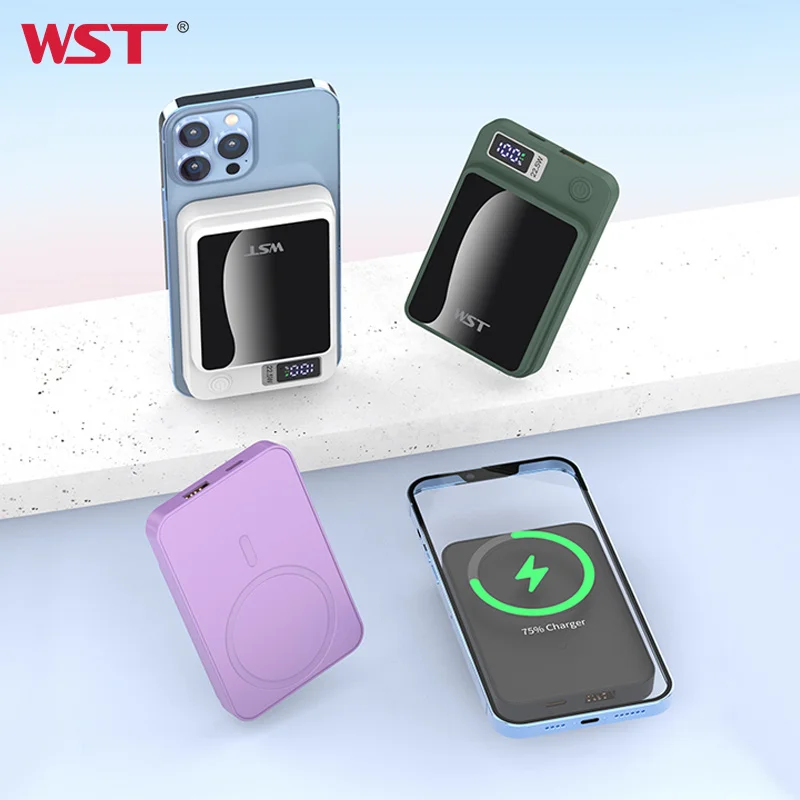 WST LED Digital Display Power Bank 22.5W Fast Charging 10000mah Mini Wireless Magnetic Power Bank