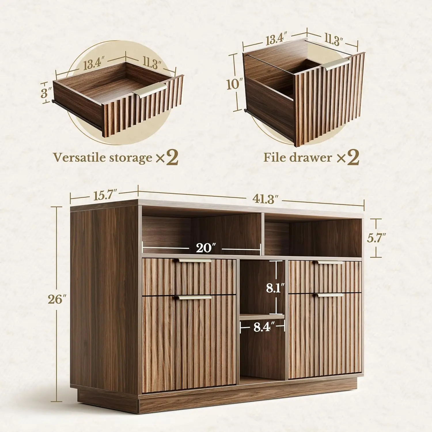 4 Drawer File Cabinet, Fluted Wood Lateral Filing Cabinet with Lock and Charging Station for Home Office, Printer