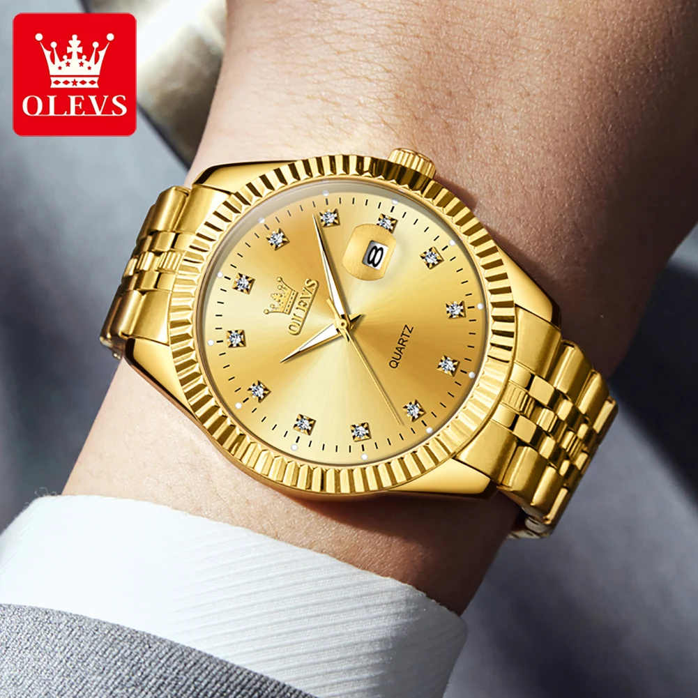 OLEVS Men\'s Watches Luxury Gold Original Quartz Wristwatch Waterproof Luminous Magnifier Date Diamond Scale Causual Daily Dress