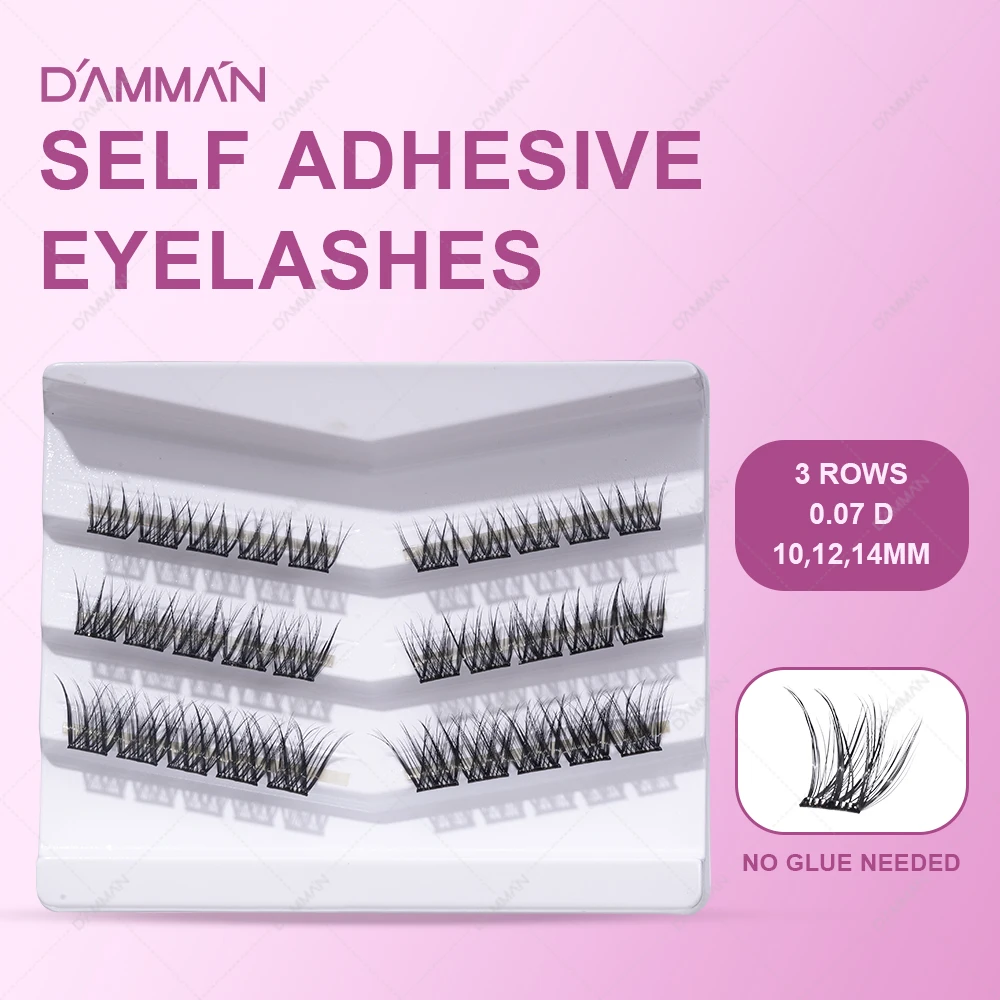 DAMMAN DIY Glue Free False Eyelashes 3 Rows Individual Lash Clusters Mink Segmented Self Adhesive Lashes No Glue Need Reusable