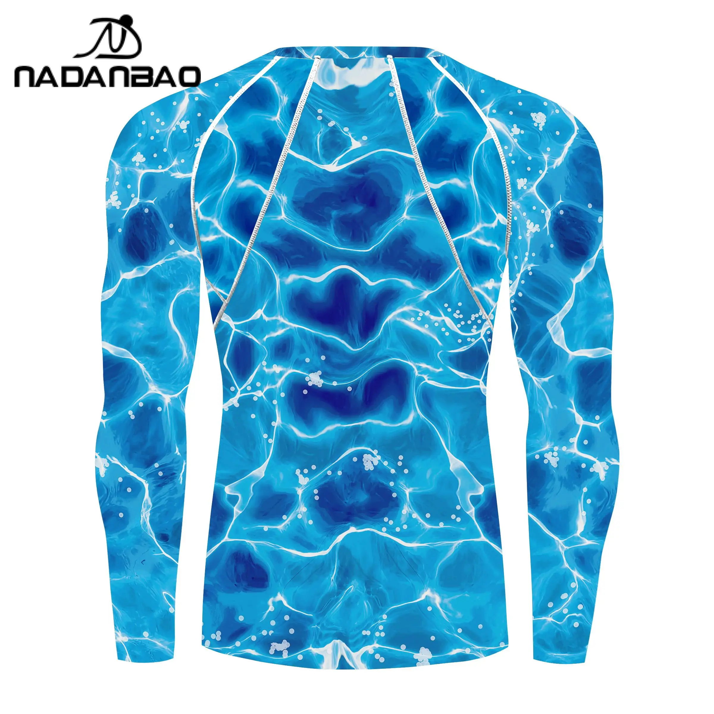 Nadanbao Men\'s Swimwear Gym Top Blue Water Printing Swimsuits Party Long Sleeve Beachwear Summer Fitness T-Shirt Surfing Clothes