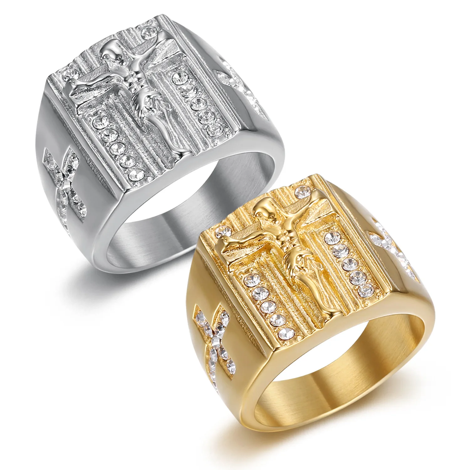 

5 pcs Hot Selling Hip Hop Religious Jesus Pattern Gold Plated Elegant Small Diamond Inlaid Men Cross Ring