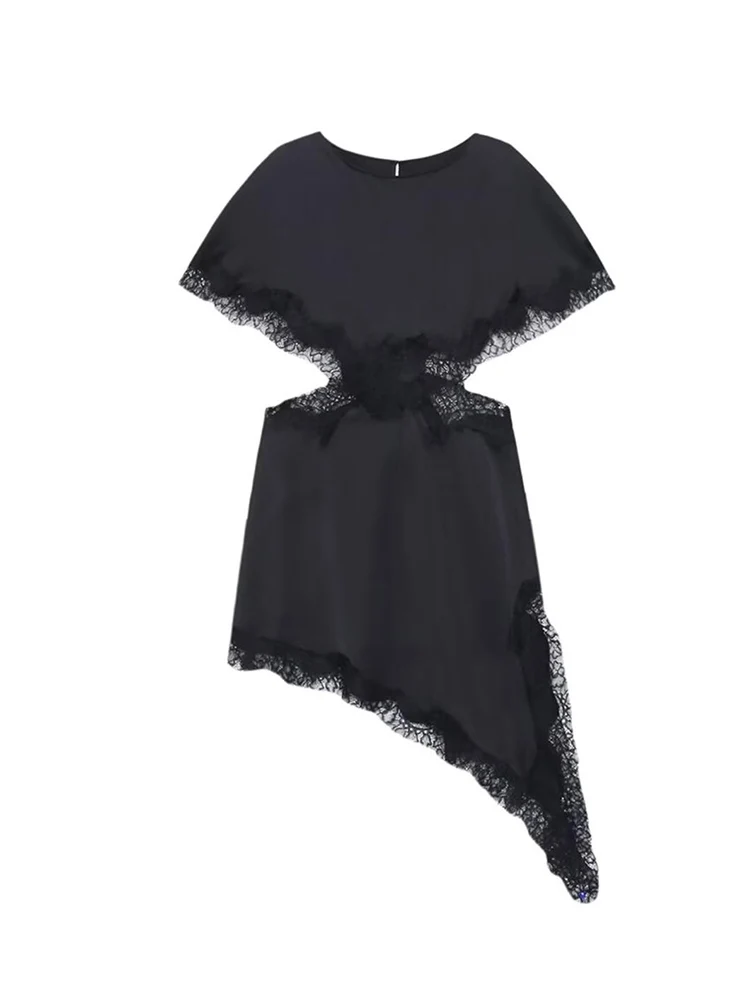    새로운 여성 레이스 미디 드레스 솔리드 컬러 홀로우 아웃 비대칭 밑단 드레스 우아한 섹시한 이브닝 드레스 여성용 반소매 드레스