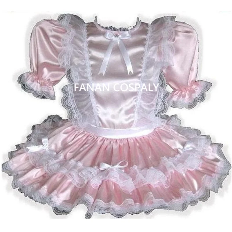 

Role Playing Adult Giant Baby Sexy Girl Pink Thin Satin Fluffy Bow Tie Sissy Dress Maid Dance Dress Gothic Customization