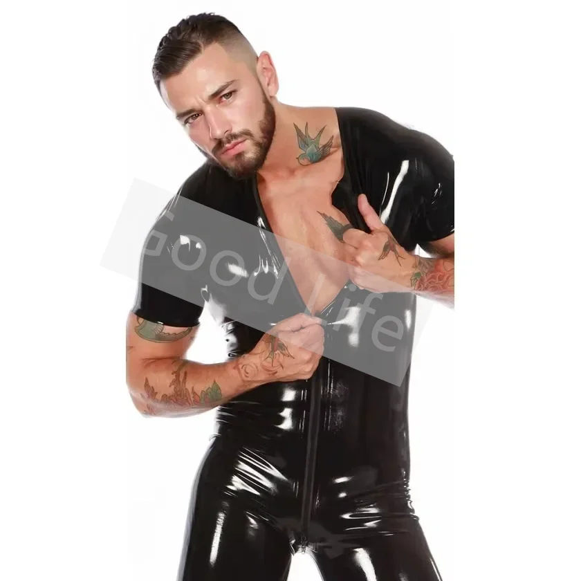 

Fetish sexy men's latex short sleeve bodysuit front to crotch zip rubber catsuit male surf suit halloween costume clubwear