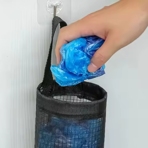 Punch Free Hanging Garbage Bag Holder Black Grid Mesh Storage Organizer Wall Mount Kitchen Bathroom Expandable Capacity Handy