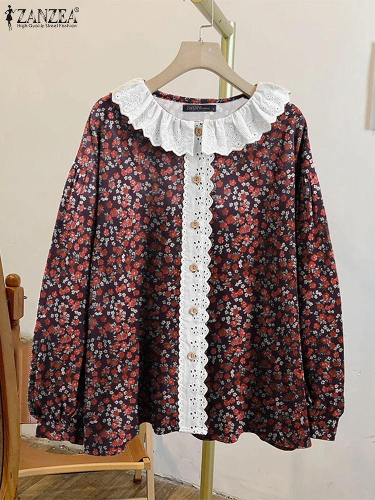 ZANZEA 2025 Spring Floral Print Chemise Casual Women Peter-pan Collar Lace Panel Blouses Lantern Sleeve Vintage Elegant Shirts