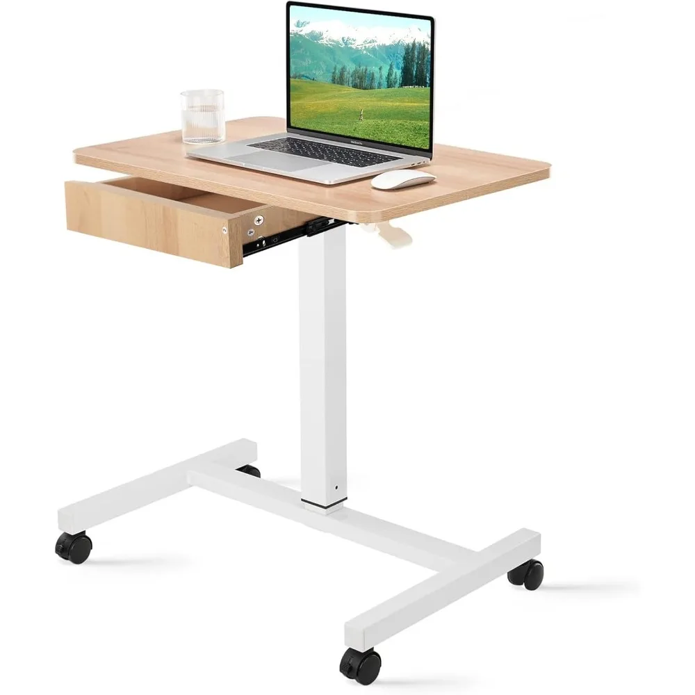 

Mobile Laptop Standing Desk, Height Adjustable Teacher Podium with Lockable Wheels, Adjustable Work Table with Drawer, Computer