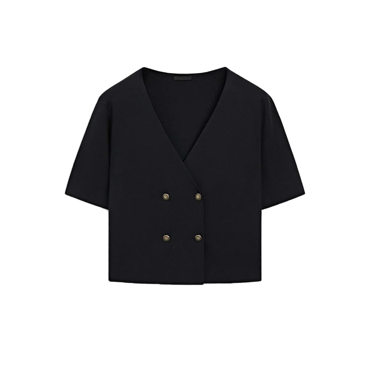 بلوزة نسائية جديدة لفصلي الربيع والصيف، محبوكة بياقة على شكل V وأكمام قصيرة، تصميم مفتوح من الأمام، مناسبة للعمل، مصنوعة من أ...