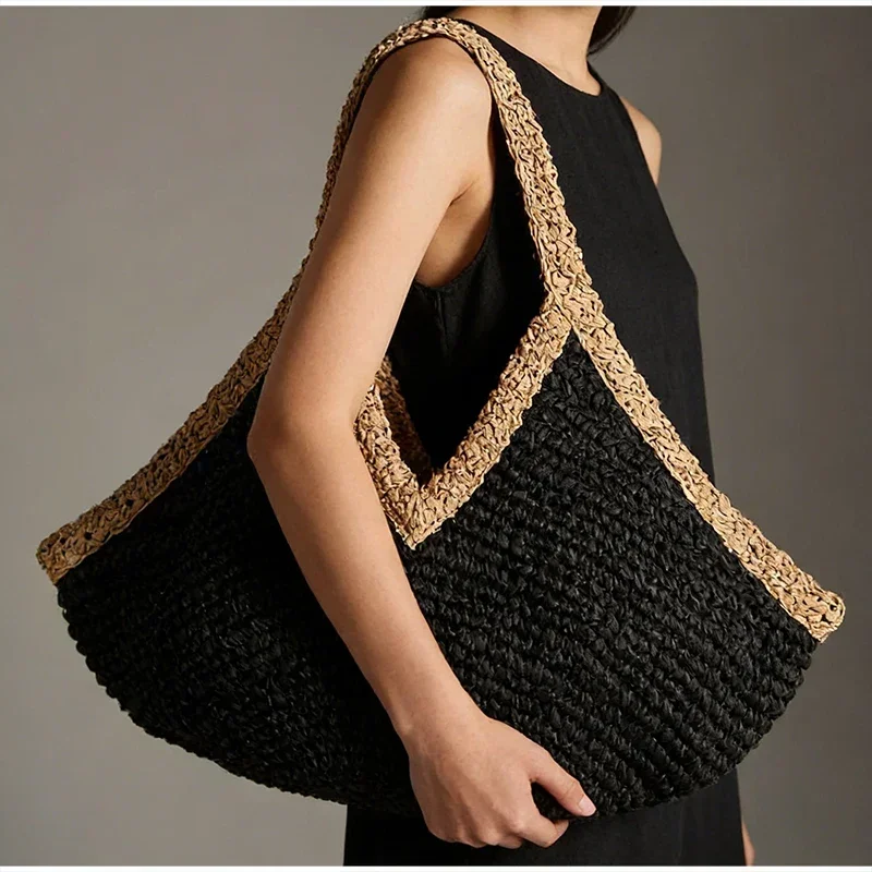 Colorblock Straw Woven Tote Bag,Women Summer Seaside Beach Boho Black Brown Color Contrast Shoulder Bag,Lightweight Handbag - view 3