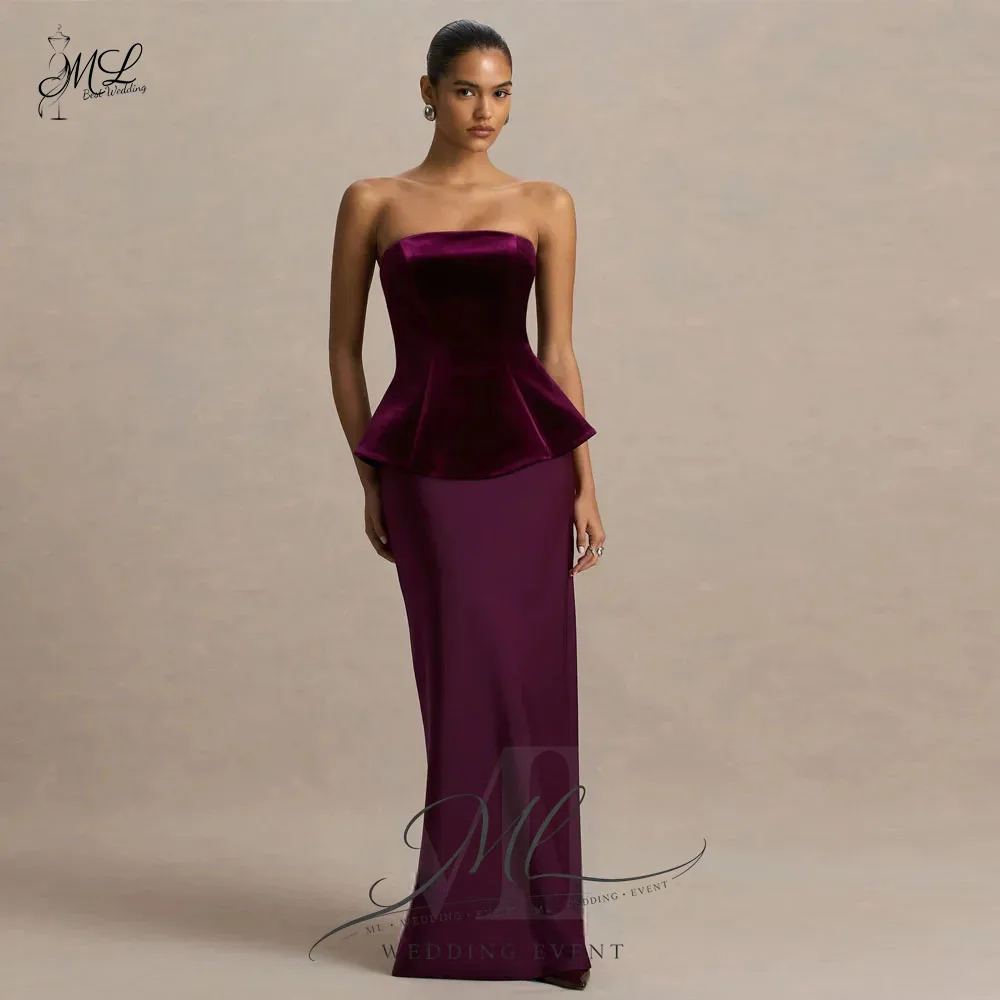 

ML Deep Purple Velvet Evening Gown Women Strapless Straight Long Prom Dresses Customized Banquet Dinner Formal Event Dresses