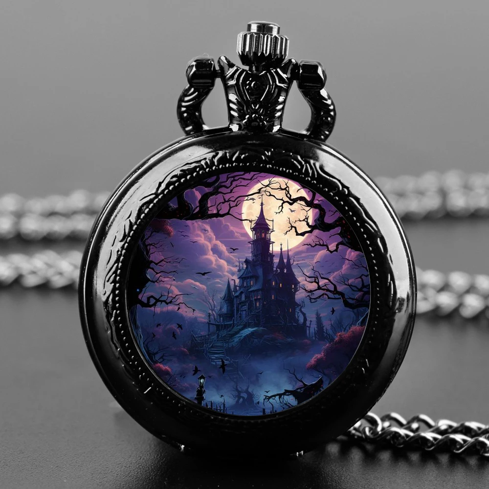 Creative Cool Moon Quartz Pocket Watch for Women Men Black Necklace, Unique Pendant Clock Chain Watch Gift Accessories