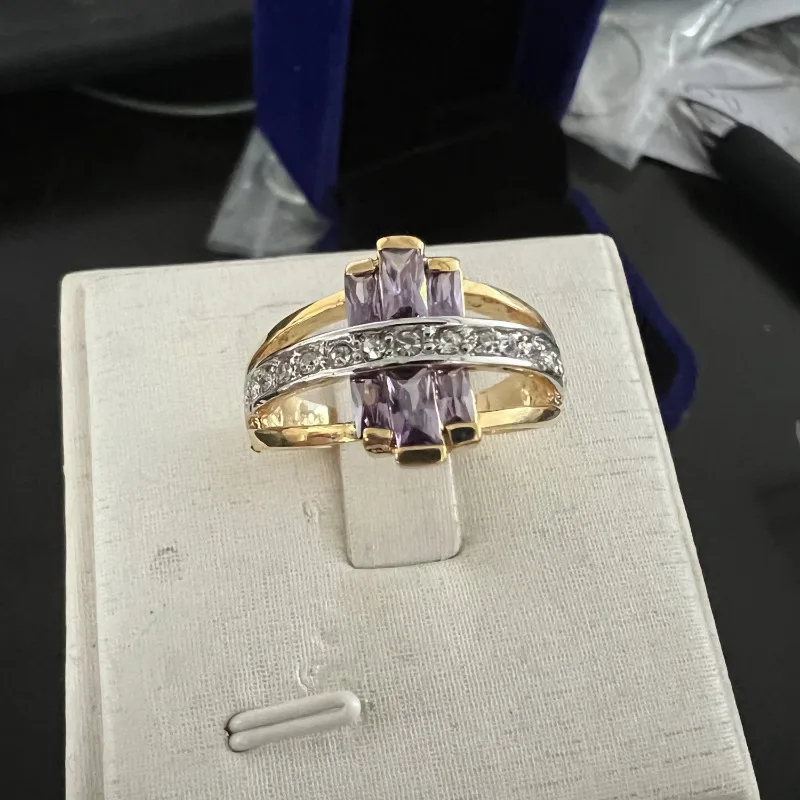 Handmade Lab Amethyst Promise Ring 10K Gold Engagement Wedding Band Rings for Women Party Finger Jewelry Gift