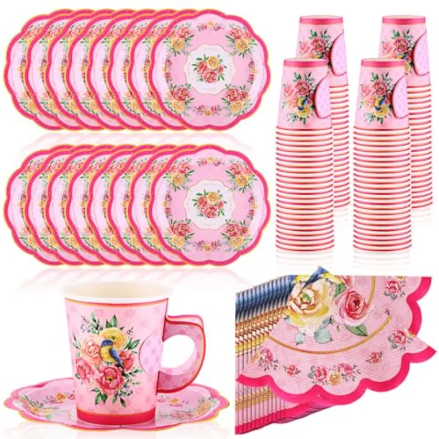 

300 шт. одноразовых бумажных чайных чашек для чаепития, оптовая упаковка, включая набор из 9-унцевых бумажных чашек с цветочным принтом, с ручками и блюдцами, 10 дюймов, винтажный стиль.