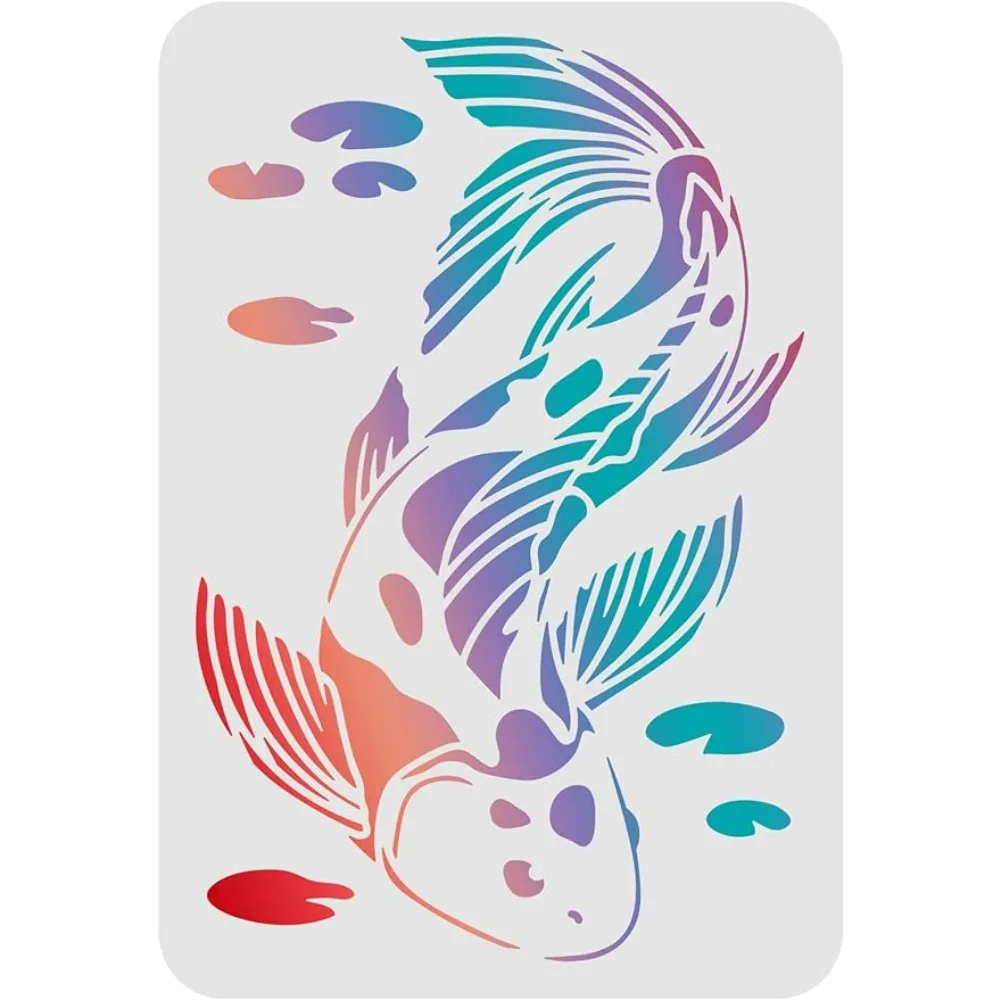 Koi Stencils 11.7x8.3 inch A4 Plastic Fish Drawing Painting Stencils Koi Pond Lotus Leaf Pattern Wall Stencils Reusable Stencils