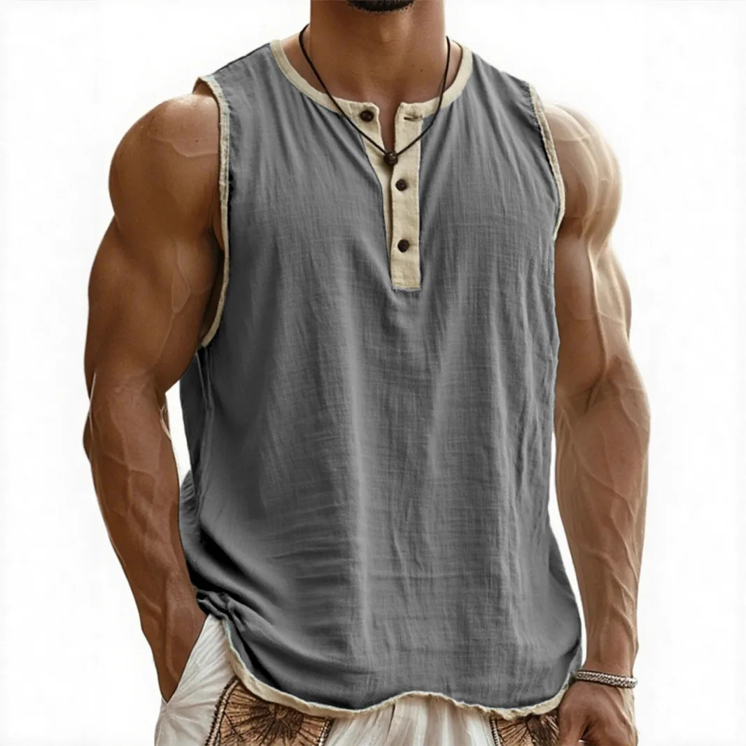 

Men Summer Retro Sleeveless Shirt American Style Cotton Linen V-Neck Tank Tops Slim Fit Casual Blouse Breathable Beach Shirts