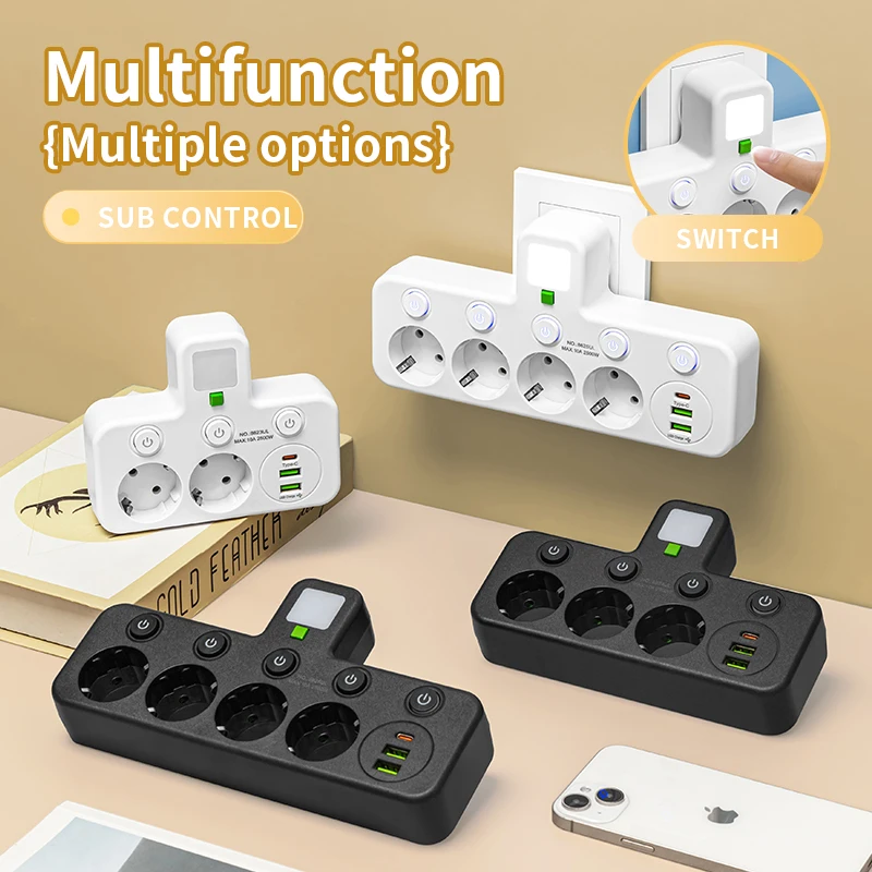Enchufe y toma de corriente europeos, toma de corriente de 4 polos, enchufe de pared multifuncional, con o sin cables de extensión o interfaces USB y Tipo-C