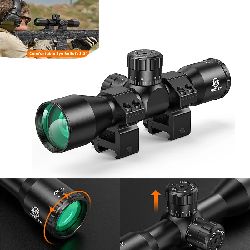 

MidTen 4x32 Compact Rifle Scope Crosshair Reticle Riflescope for Hunting - 1 Inch Tube Scope with 20mm Mounts for Picatinny Rail