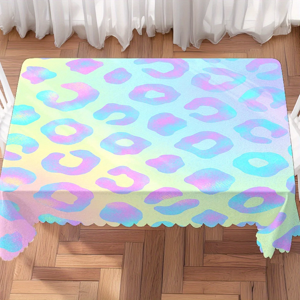 Shiny Hologram Rainbow Pastel Leopard Skin Art Print Waterproof Tablecloth, Rectangular Table Cover for Y2K Themed Party Decor