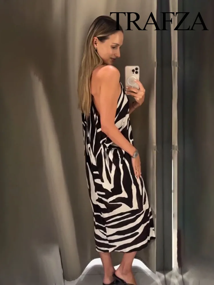 

HH 2025 Female New Fashion Chic Sleeveless Dresses Printing Backless Lace-Up Decoration Women's Summer Elegant Long Dress