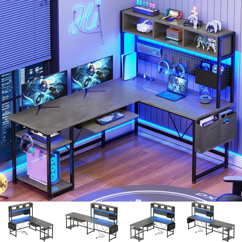

L Shaped Gaming Desk with Hutch, 57.5” Reversible Home Office Desk with Power Outlet and Pegboard, Gaming Computer Desk with Ke