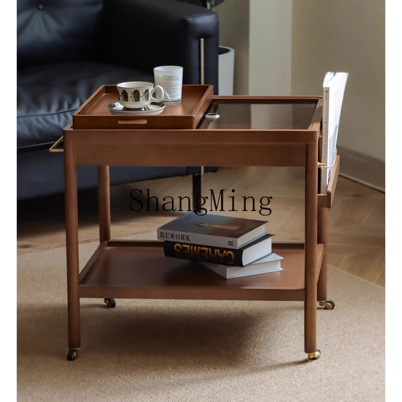 

ZYYsolid wood retro coffee table trolley sofa edge table removable locker household small apartment