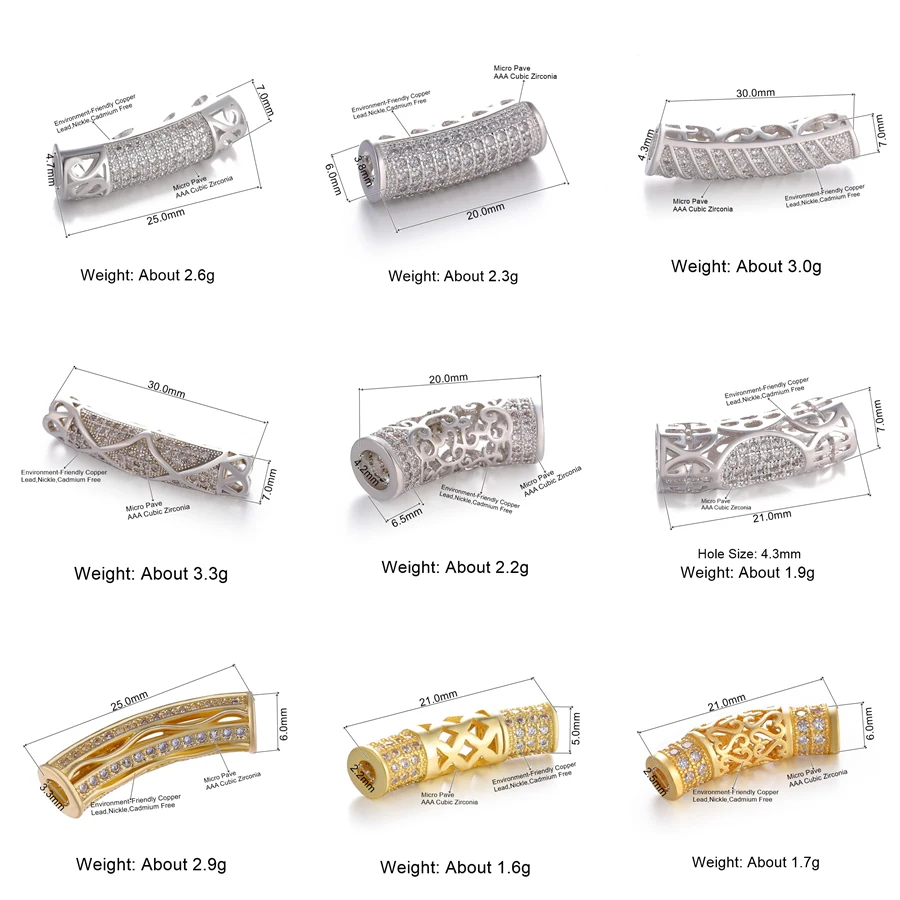 Juya 18K Plated Zircon Copper Decorative Separator Charms Curved Tubes Beads For DIY Natural Stones Gems Pearls Jewelry Making