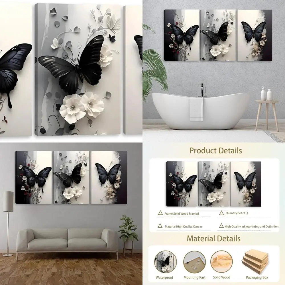 

Black & White Butterfly Wall Art Set of 3, Canvas Decor for Living Room, Bedroom, and Bathroom, 16x24 inches (Stretched on Woode