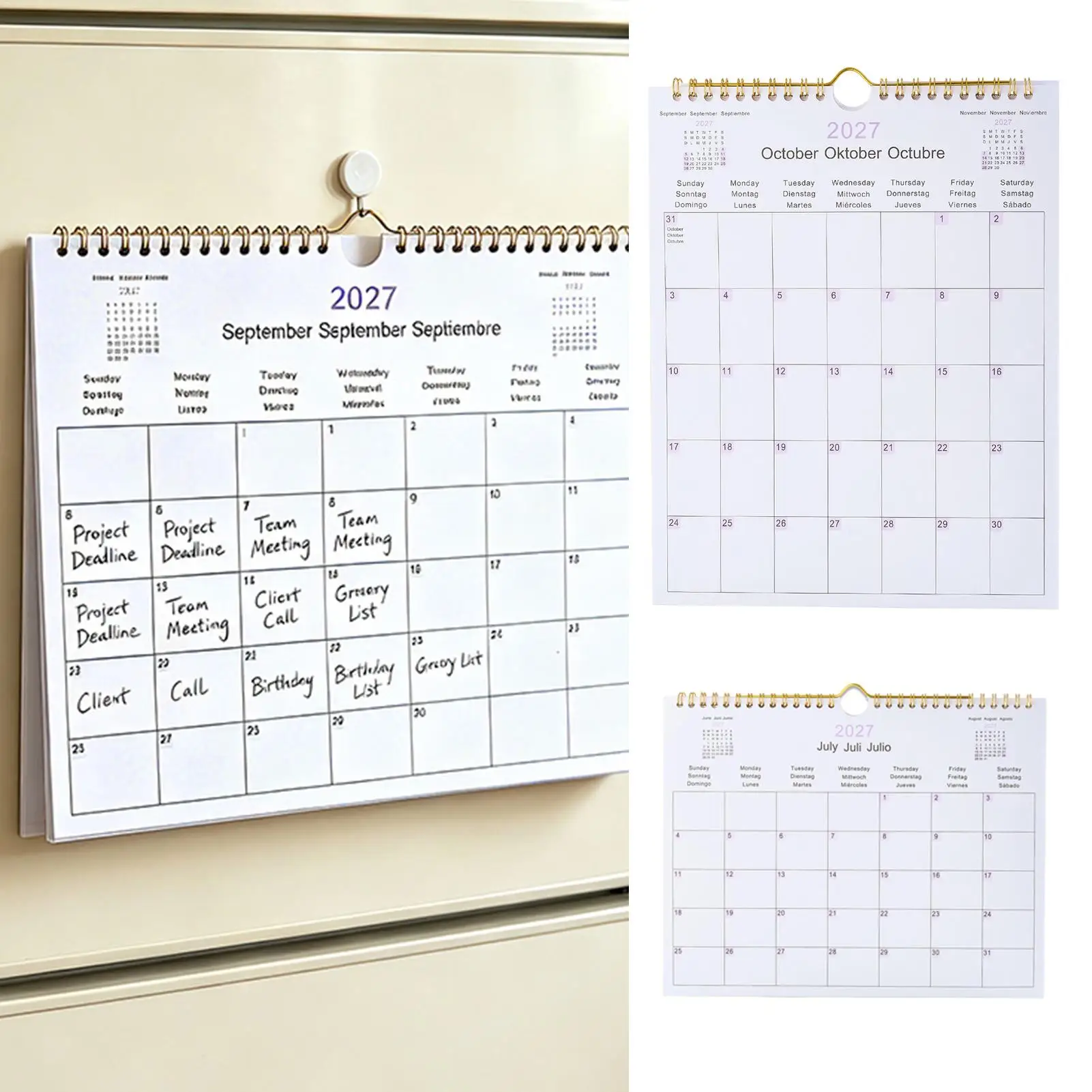 Trilingual Coil Wall Calendar Monthly Spiral Bound Appointment Schedule Organizer January 2027-December 2027 Family Calendar