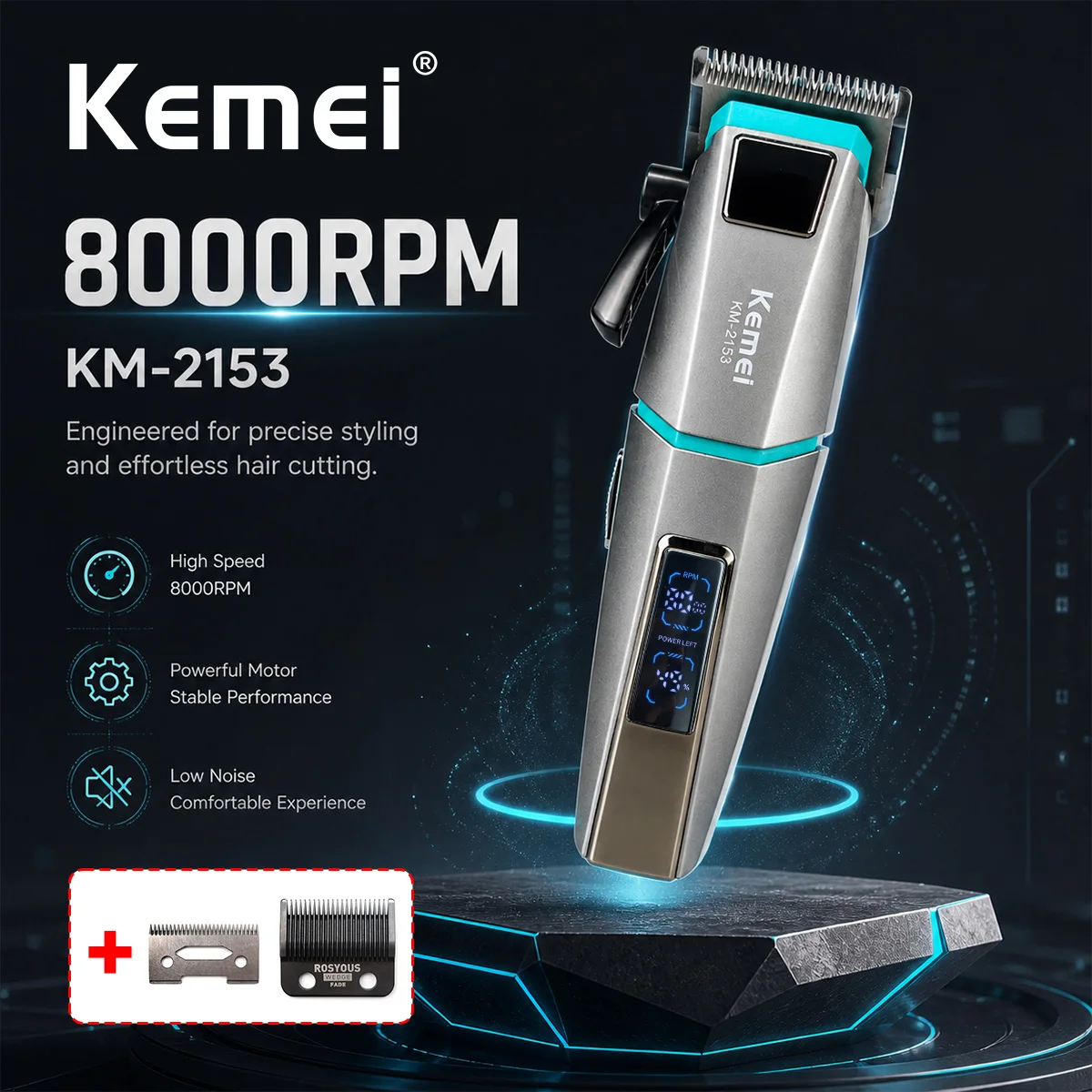 Kemei KM-2153 Men's Hair Clipper 8000RPM LED Display Fade Blade 2000mAh 2-Speed 5W DC Motor Professional Hair Barber Machines