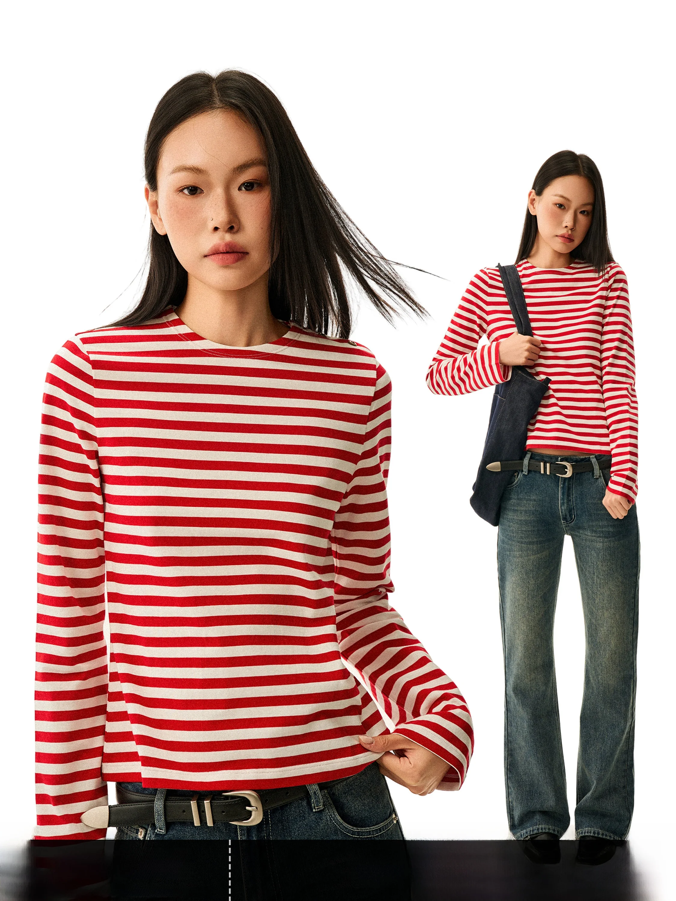 Loose Long Sleeve round Neck T-Shirt Women's Slim Fit Cotton Casual Style Red Stripe Design Autumn New Fashion GO GO BURN