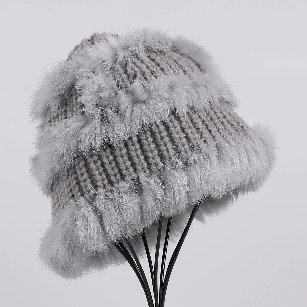 

Women's Winter Real Rabbit Fur Knitted Textile Beanie Hat Genuine Fur Cap Soft Warm Fluffy