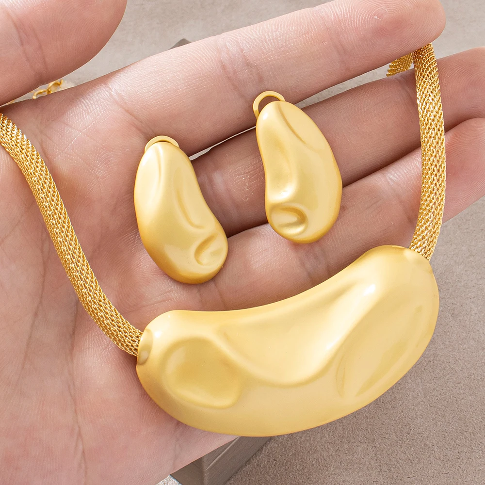 Gold Tone Matte Wrinkled Irregular Curved Necklace Earrings Stainless Steel Mesh Chain Statement Jewelry Gift for Her