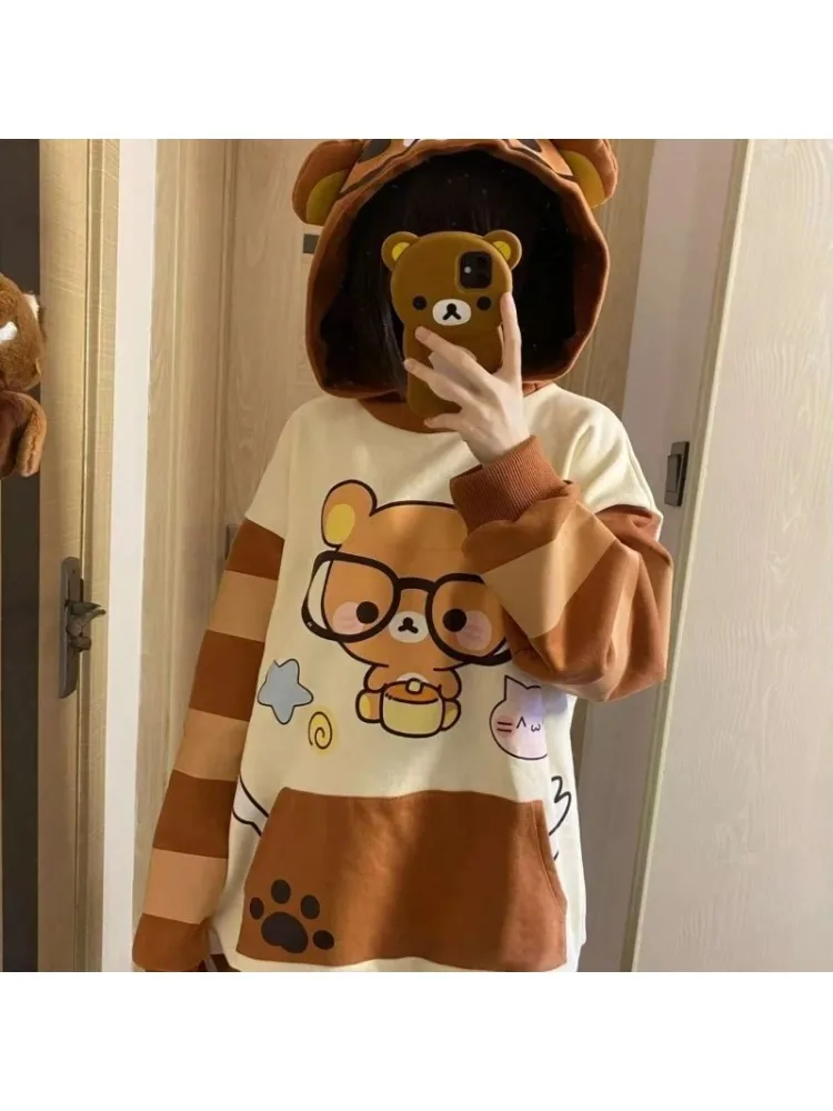 Autumn new Kawaii cartoon bear print hoodies Japanese subculture sweet long-sleeved hoodie women's preppy loose casual clothing