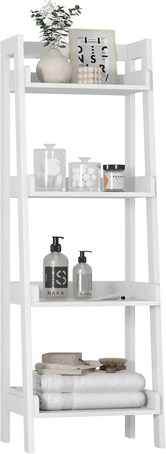 

4-Tier Ladder Shelf, Freestanding Bathroom Shelf, Open Wood Shelving Unit for Storage and Display, White