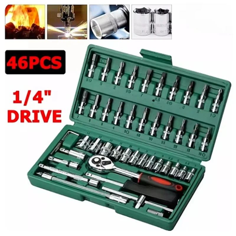 

46 Piece Drive Socket Ratchet Wrench Set with Drill Socket Set Metric & Extension Rod, Car Repair & Home Use with Storage