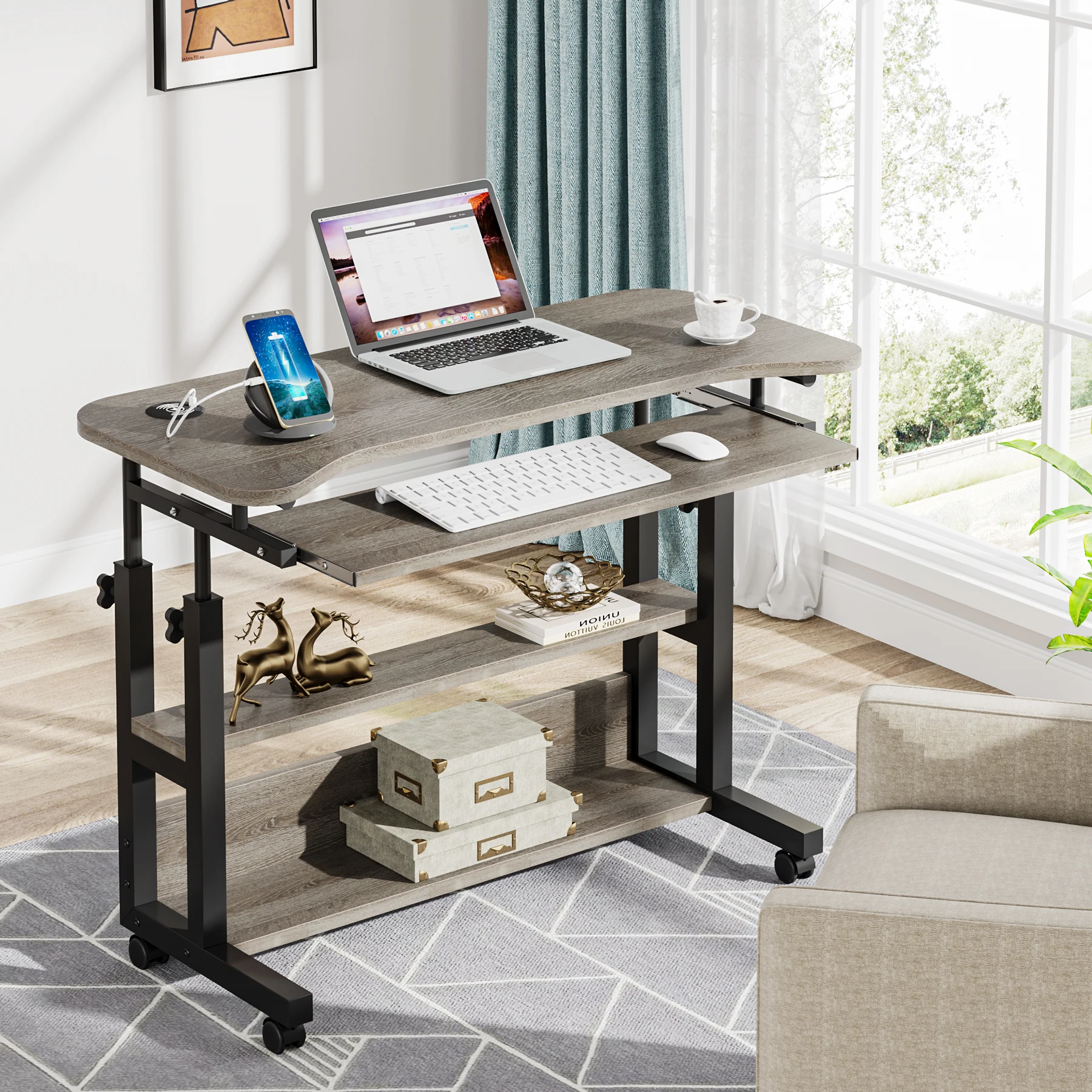 Tribesigns Portable Desk with Power Outlets, Height Adjustable Side Table Sofa Couch Bedside Laptop Computer Cart