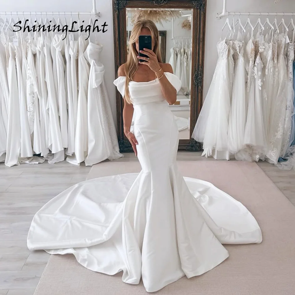 

ShiningLight Mermaid Satin Wedding Dresses Off Shoulder Elegant Simple Bridal Gowns vestido de novia corte sirena Customized
